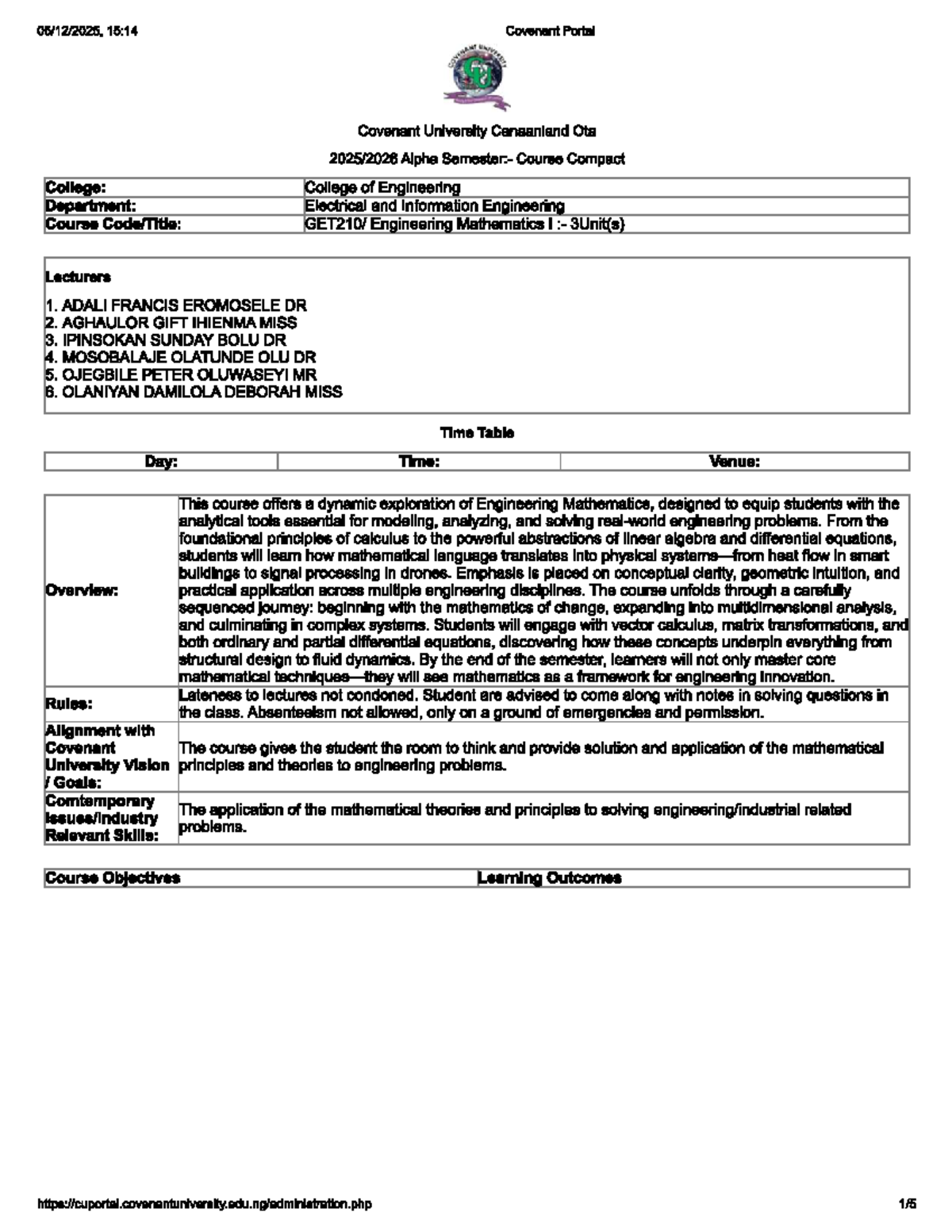 GET 210 - Engineering Mathematics I Course Overview and Assessment ...
