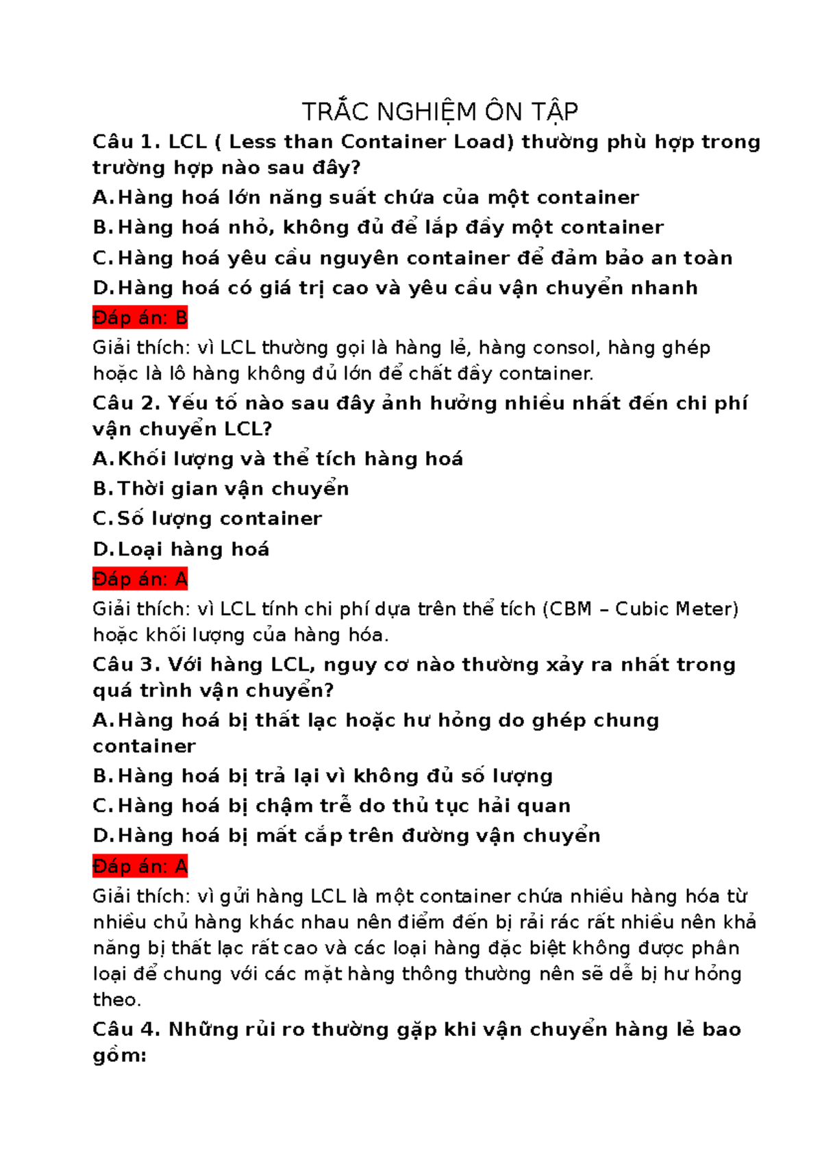 TRẮC NGHIỆM ÔN TẬP - dvrh - TRẮC NGHIỆM ÔN TẬP Câu 1. LCL ( Less than ...