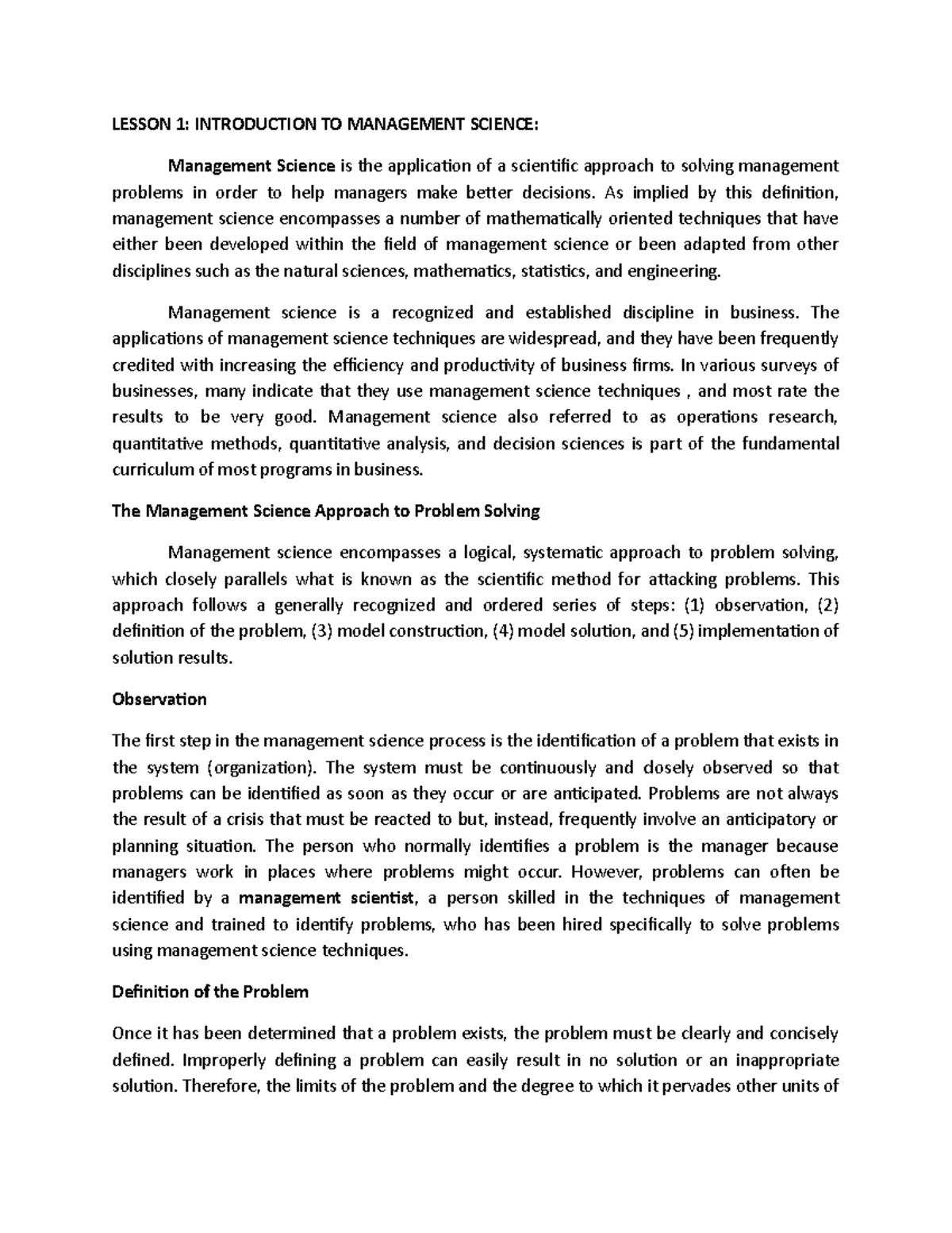 Lecture Notes: Introduction to Management Science - MGMT 101 - Studocu