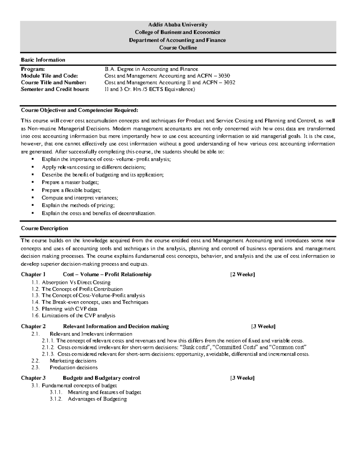 Cost Management Accounting II (ACFN 3030) Course Outline - Studocu