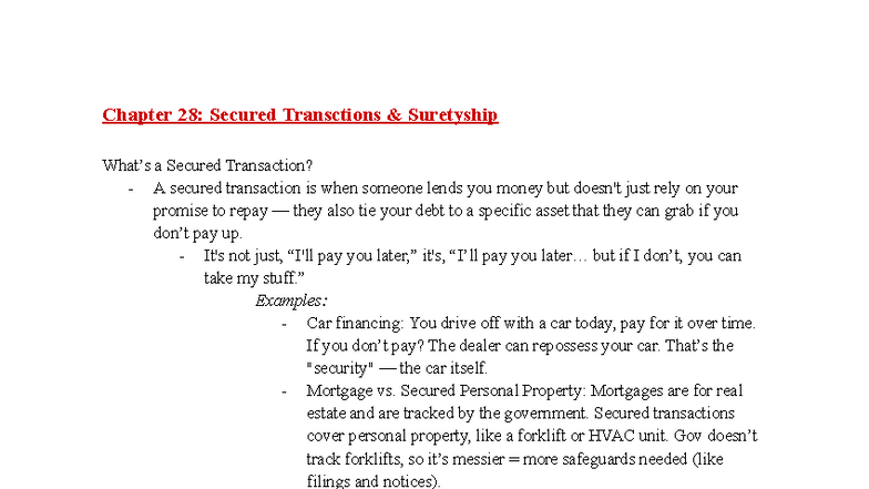 Law Final Exam: Chapter 28 - Secured Transactions & Suretyship - Studocu