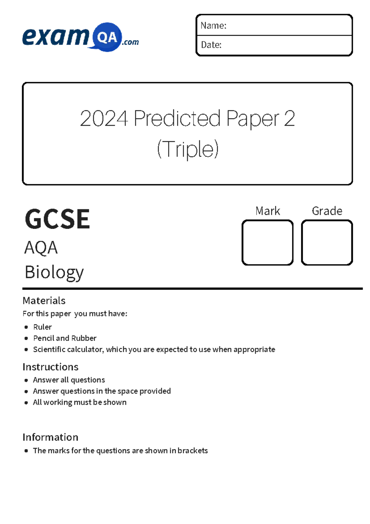 AQA GCSE Triple Biology Predicted Paper 2 Questions and Answers - Studocu