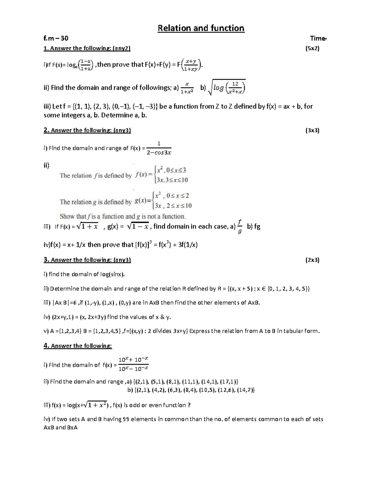 Function - Question Paper f.m 30 1: Domains, Ranges & Relations - Studocu