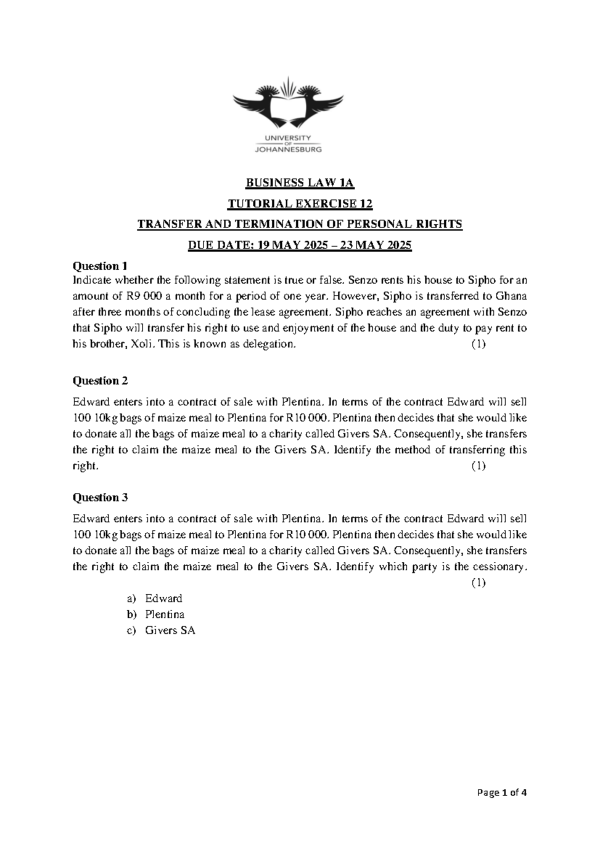 BUSINESS LAW 1A TUTORIAL EXERCISE 12: TRANSFER & TERMINATION OF RIGHTS ...
