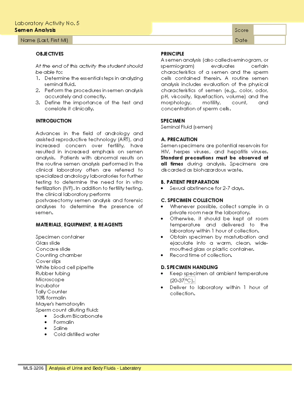 MLS 3206 Lab. Activity No. 4 - Activity Sheet - Chemical Tests for ...
