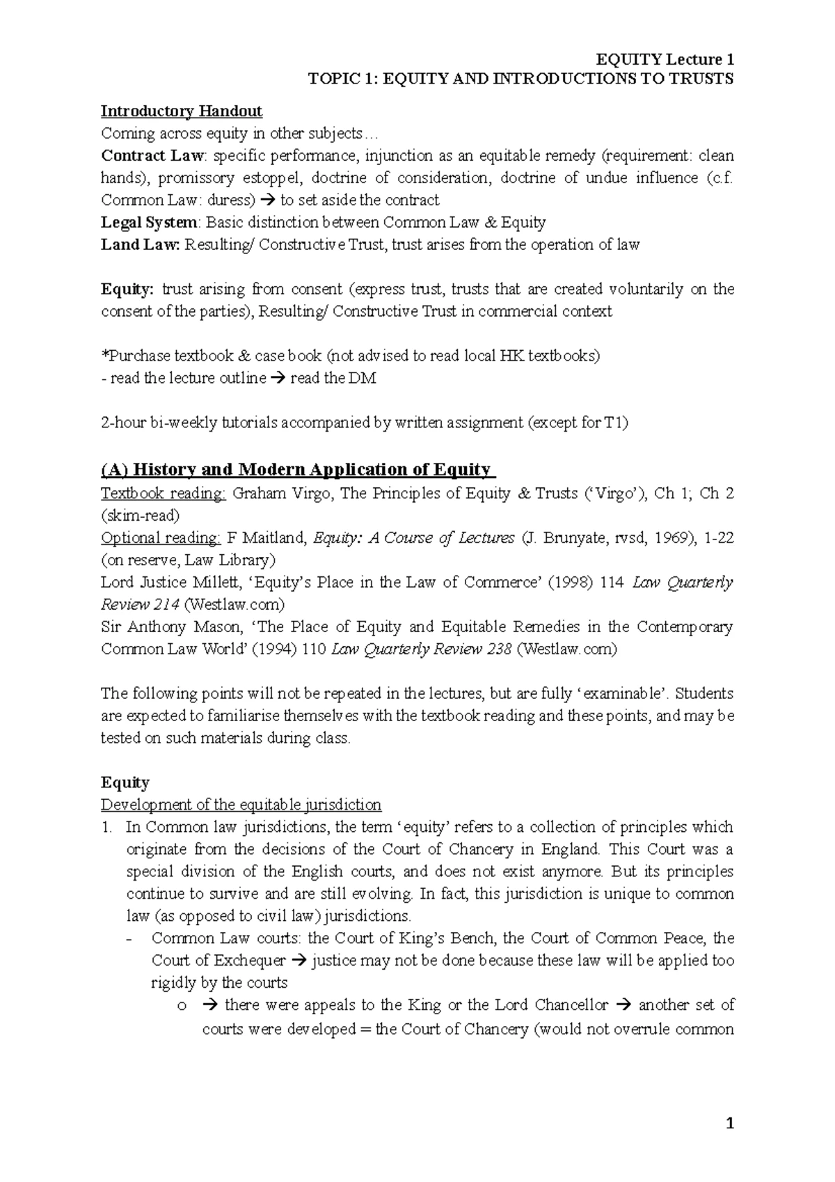 Equity & Trusts - Lecture notes 1-11 - EQUITY AND TRUST Exam Notes Part ...