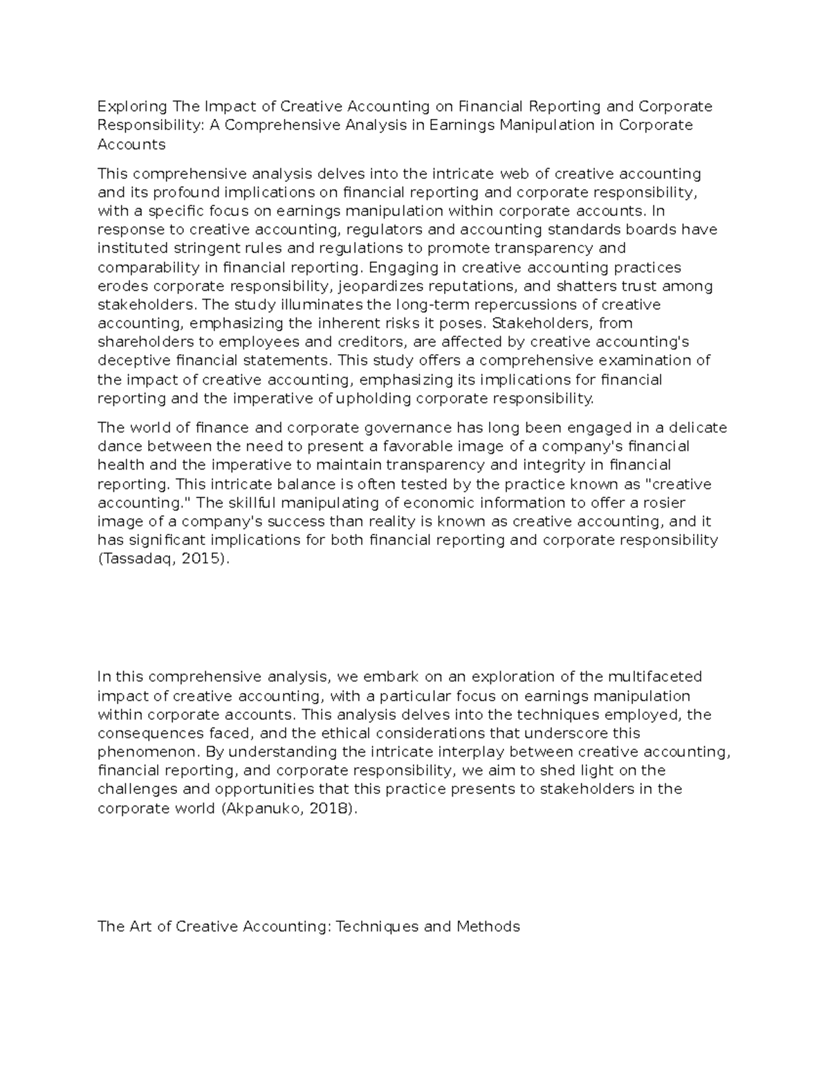 Creative Accounting and Its Effects on Financial Reporting: A Study ...
