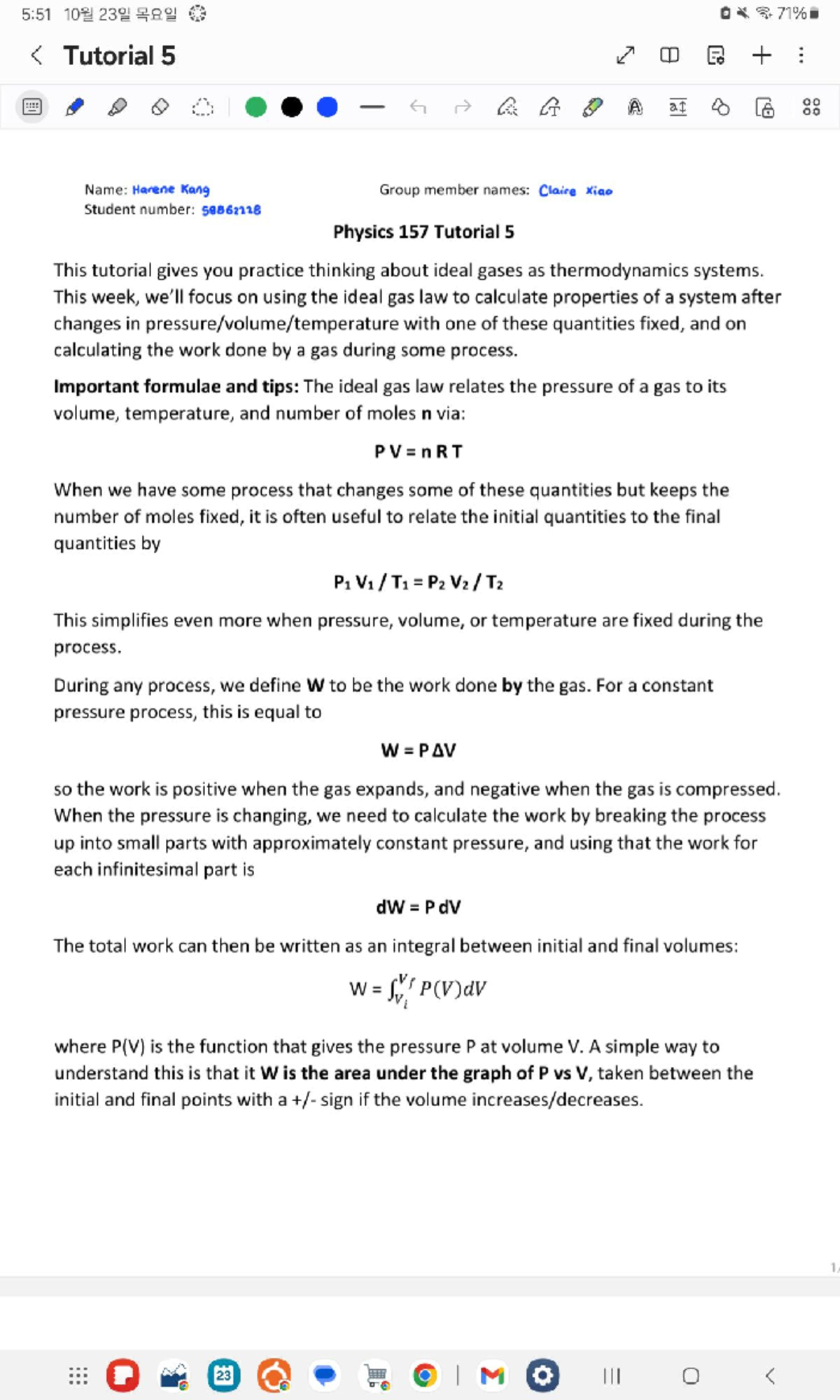 PHYS 157 Tutorial 5: Ideal Gases and Thermodynamics Concepts - Studocu