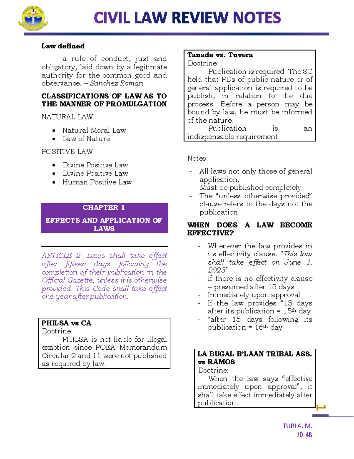 CIVIL LAW REVIEW NOTES (JD 4B) - Key Concepts and Doctrines - Studocu