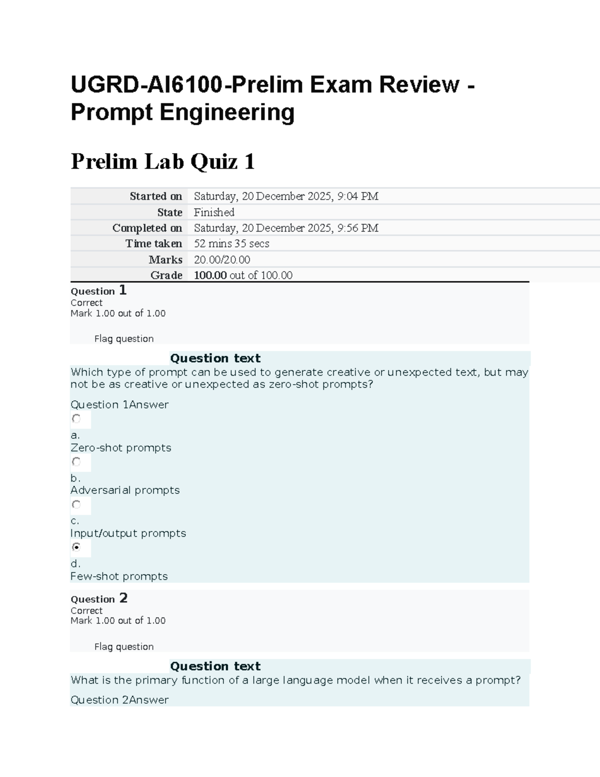 UGRD - Prompt Engineering Prelim Lab Quiz 1 Review Notes - Studocu