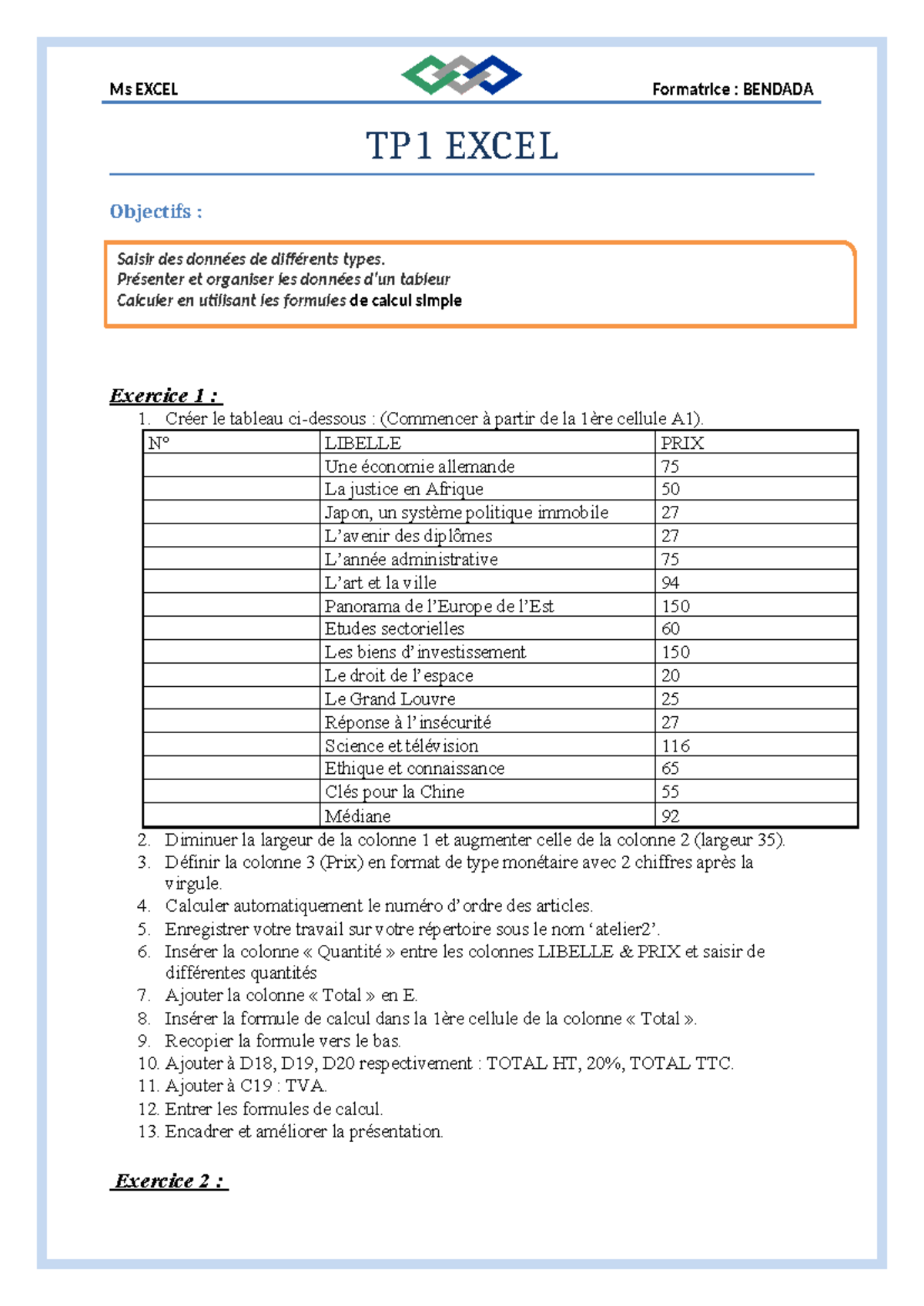 Atelier Ms Excel TP1 : Saisie et Calcul de Données - Studocu