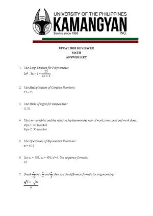 UP Kamangyan Math Questions - UPCAT 2018 Reviewer - Studocu