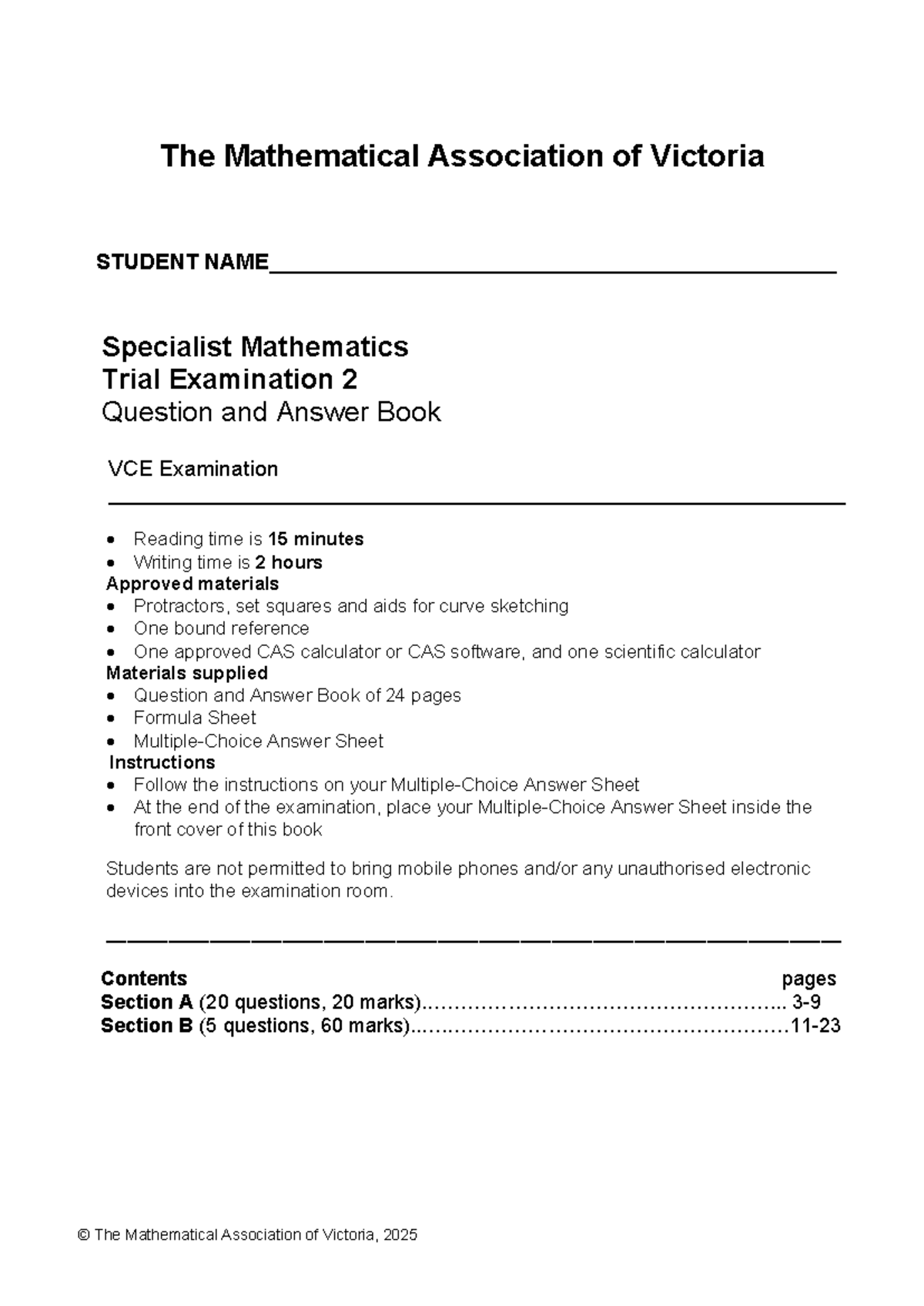 2025 MAV Specialist Mathematics Trial Exam 2 Q&A Book - Studocu