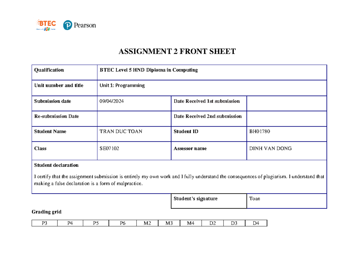 Report ASM2 2ND Programming Toantd BH01780 - ASSIGNMENT 2 FRONT SHEET ...