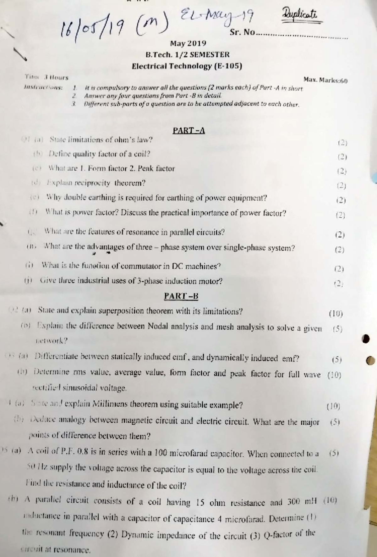 M 17 Electrical Technology May 2019 B.Tech. SEM Exam QP - Studocu