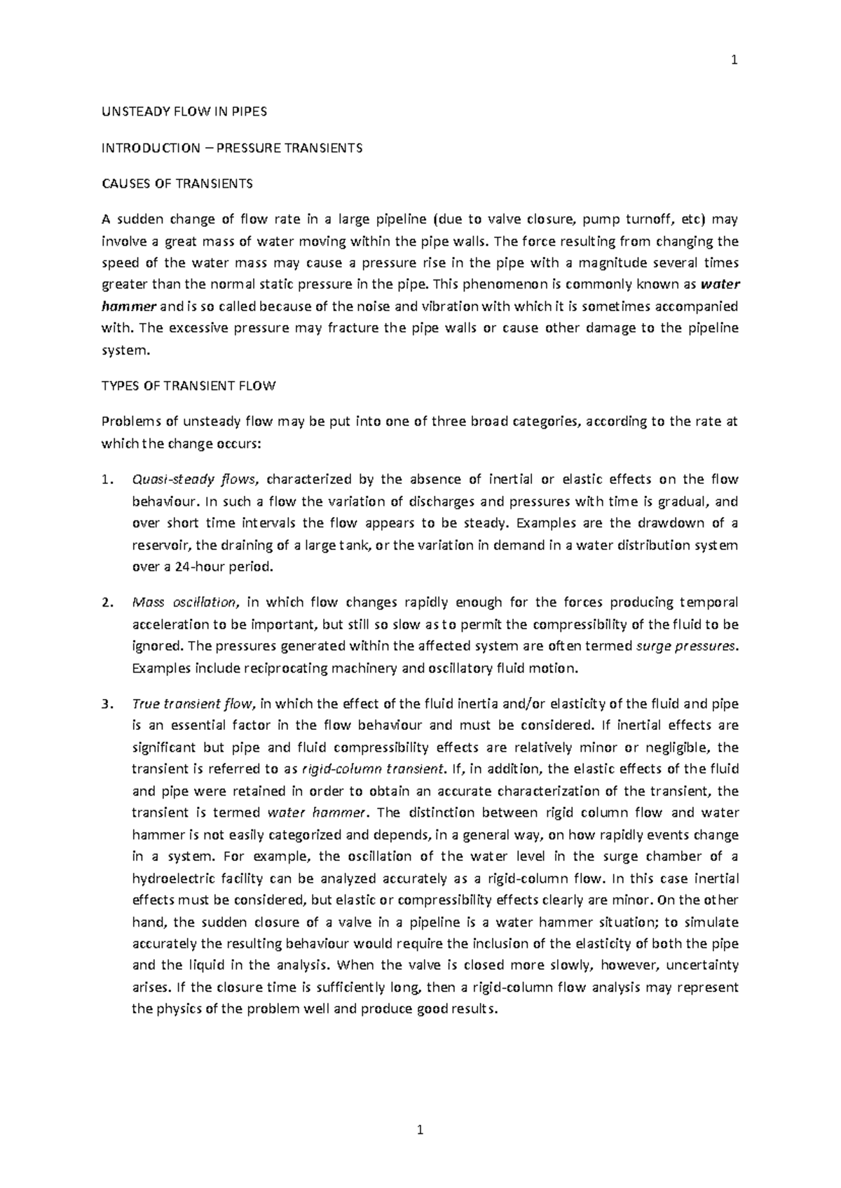 Unsteady Flow in Pipes - Lecture Notes 1 (Fluid Dynamics) - Studocu