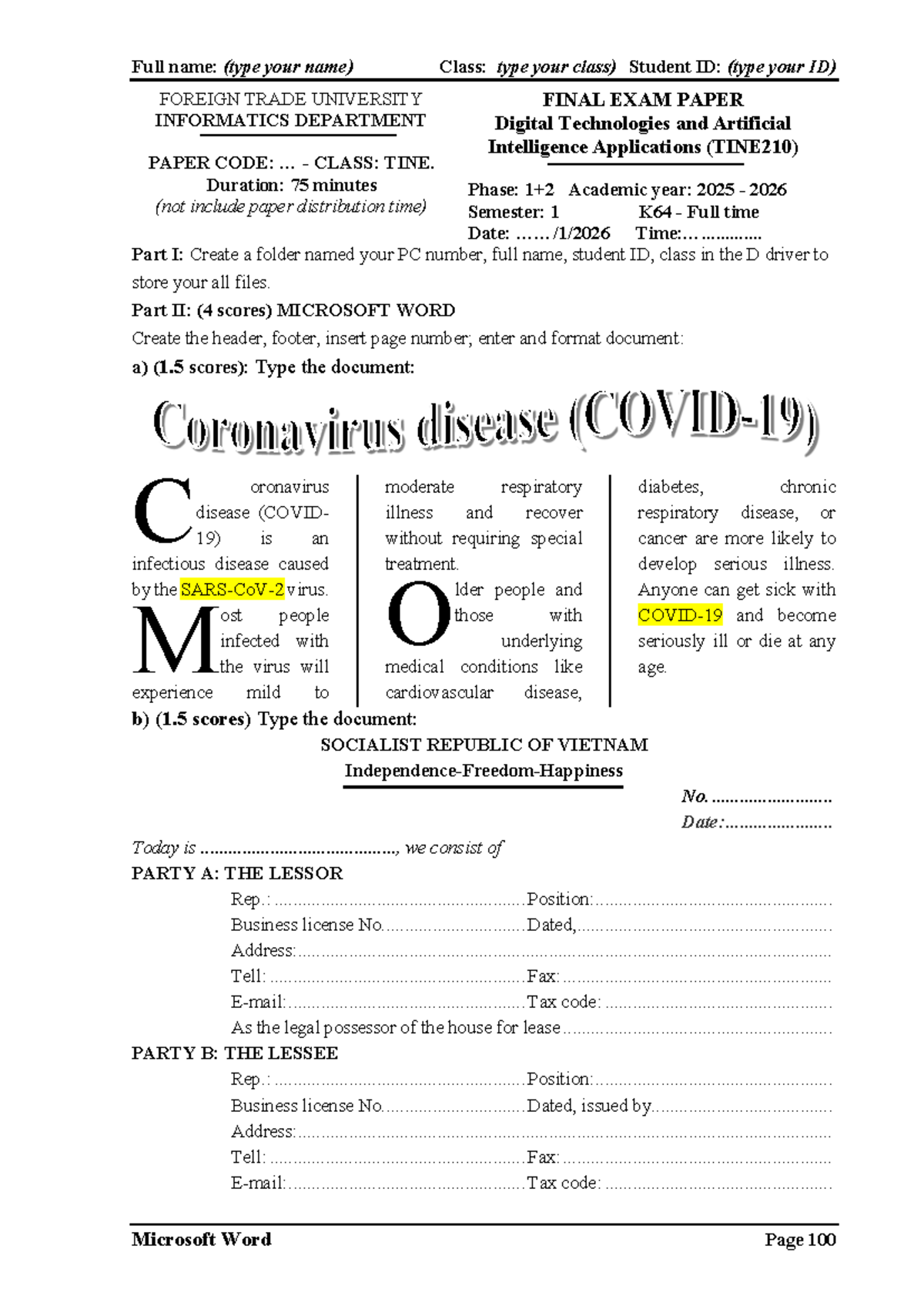 Final Exam Paper: Word Practice Test (TINE210) - Studocu