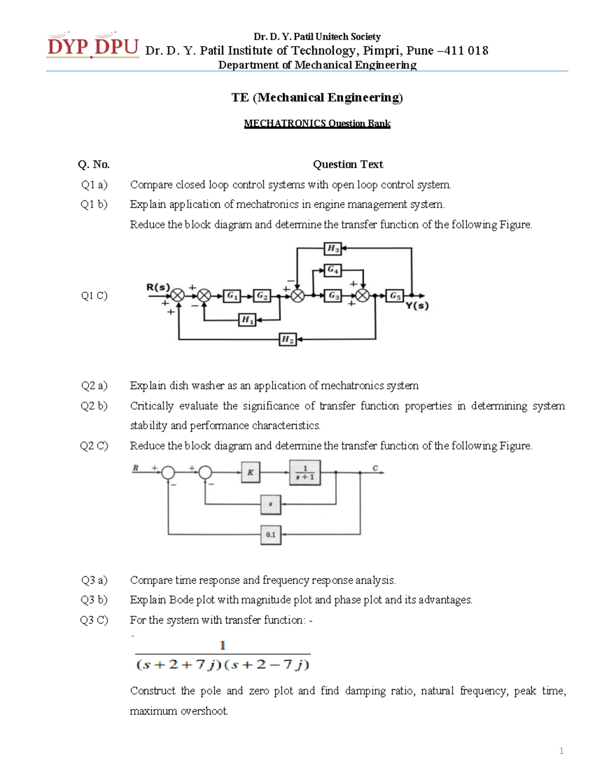 MECH 101: Mechatronics Question Bank for Sem-I 2025-26 - Studocu