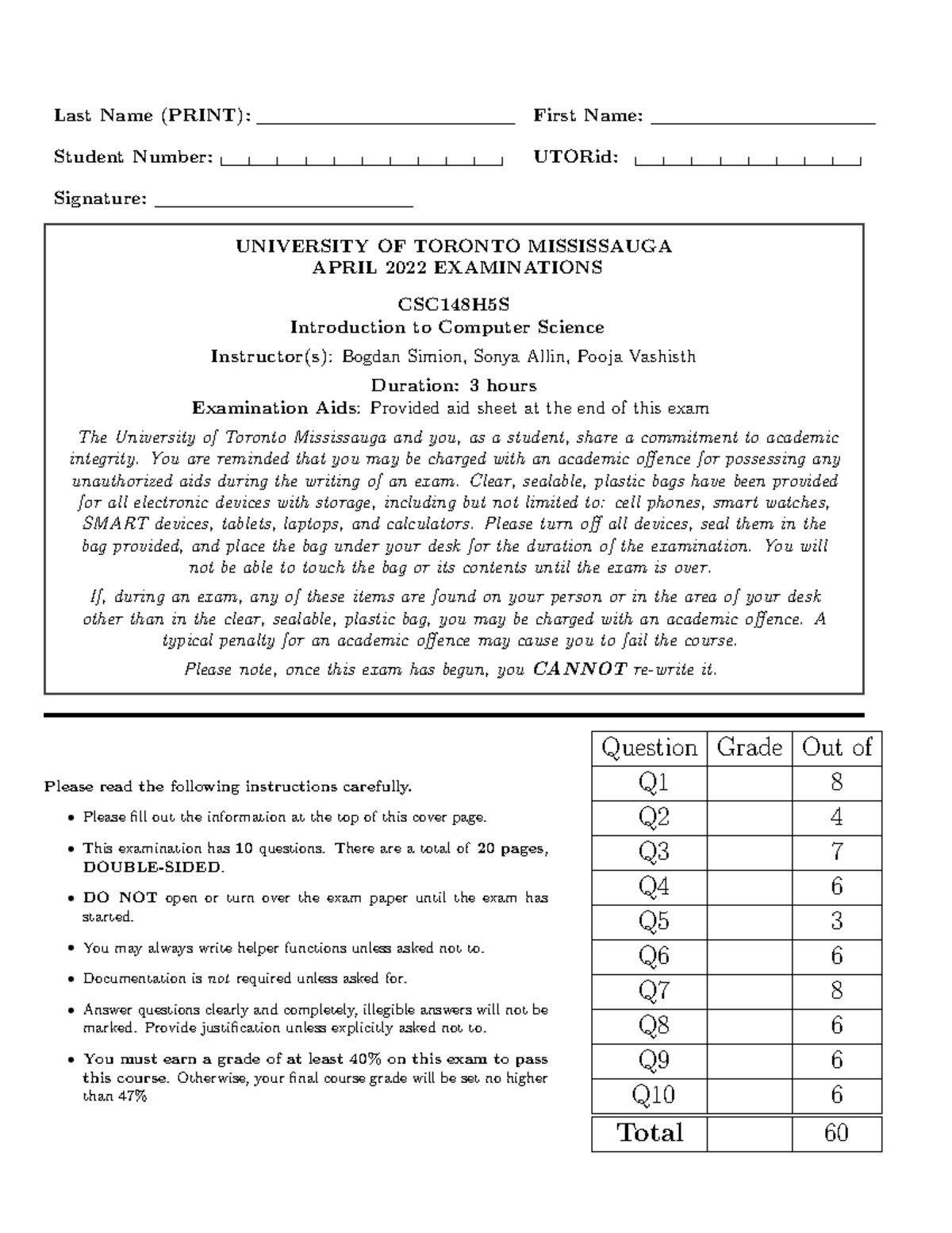 CSC148H5S April 2022 Exam: Introduction to Computer Science Practice ...