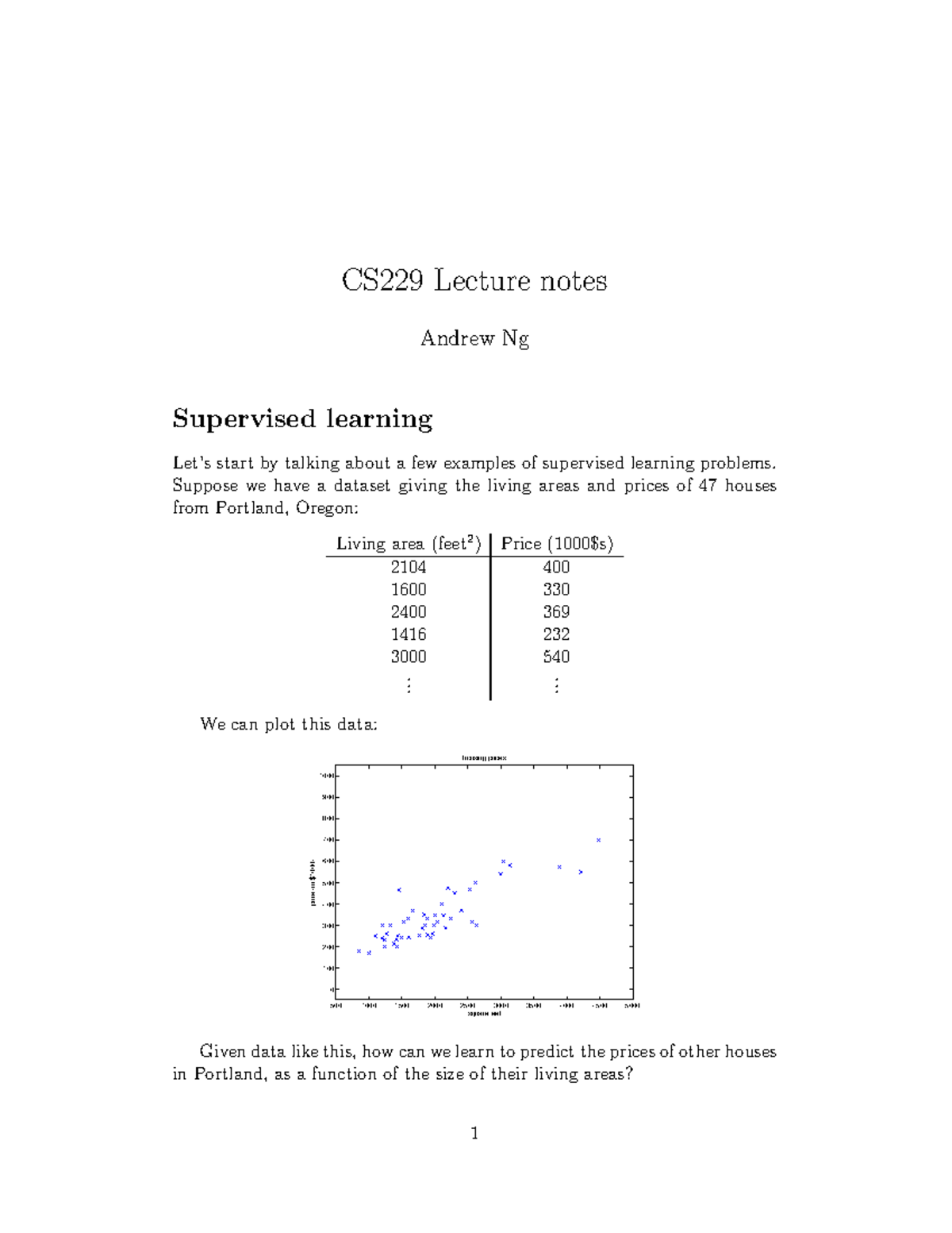 CS229 Lecture Notes: Introduction to Supervised Learning Concepts - Studocu