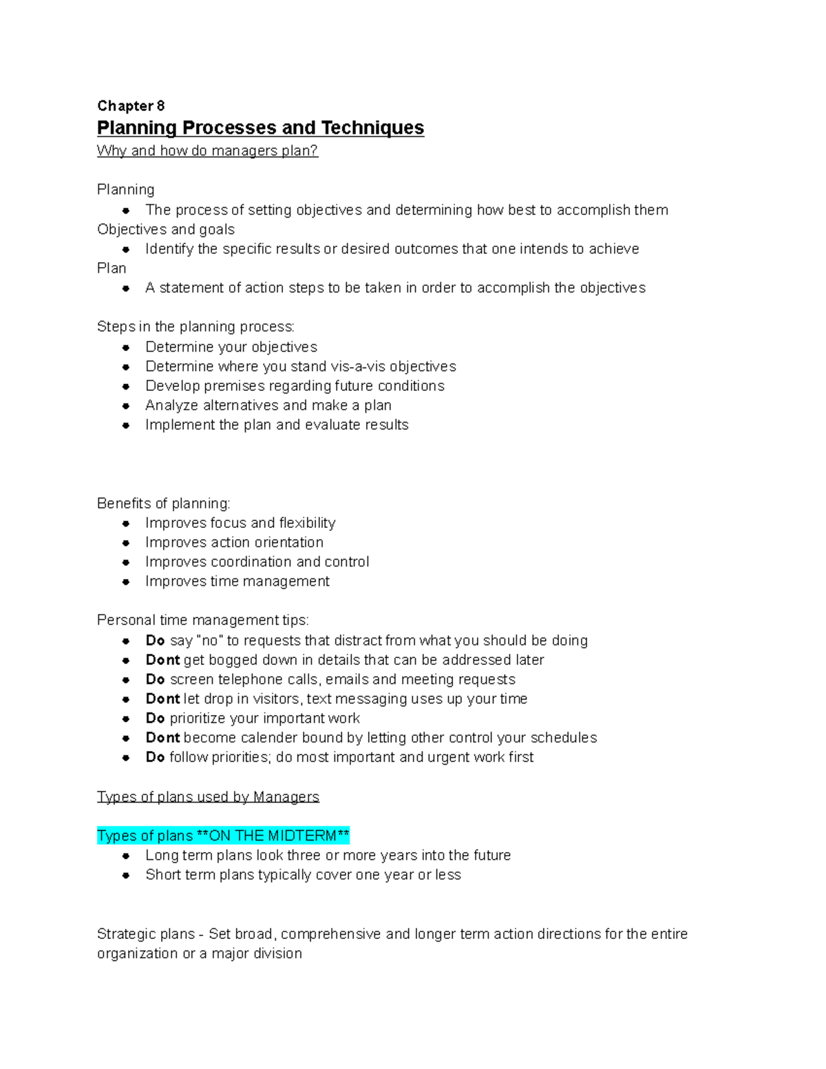 Management chapter 8 - Lecture notes 8 - Chapter 8 Planning Processes ...