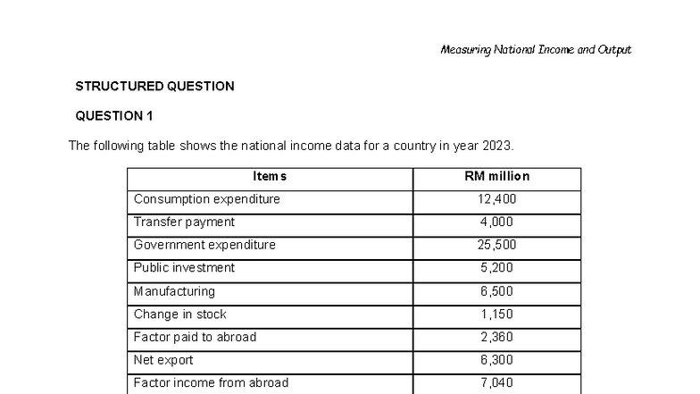 Measuring National Income and Output: Structured Questions for Chapter ...
