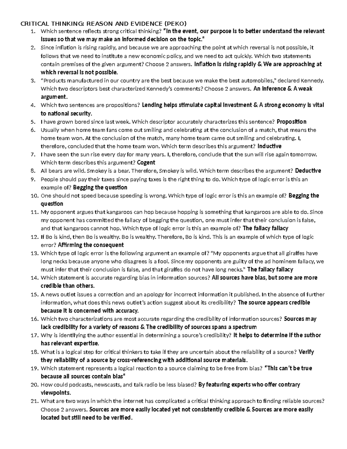 Critical Thinking - PA Questions - CRITICAL THINKING: REASON AND ...
