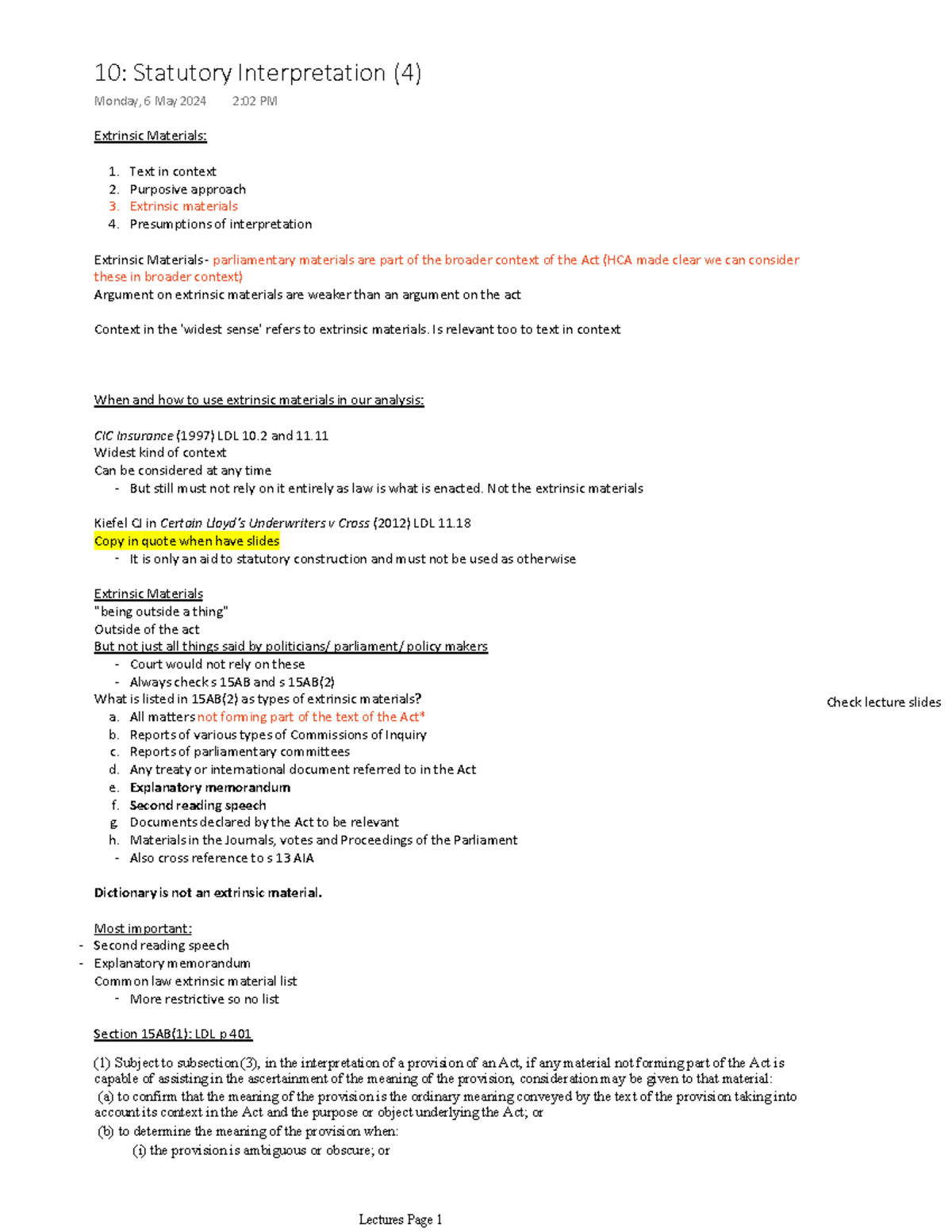 Lecture Notes on Statutory Interpretation: Extrinsic Materials ...