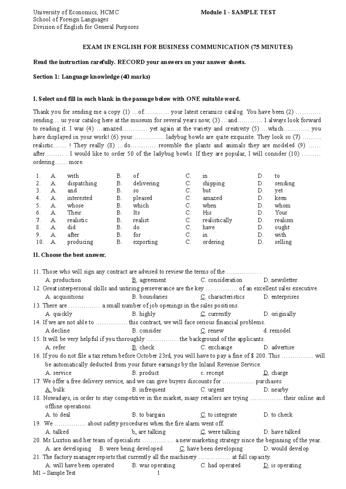 M1 - Sample Test for English for Business Communication - Studocu