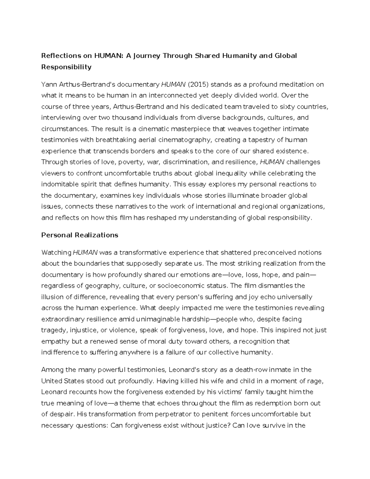 Reflections on HUMAN: Insights from the Documentary (Essay) - Studocu