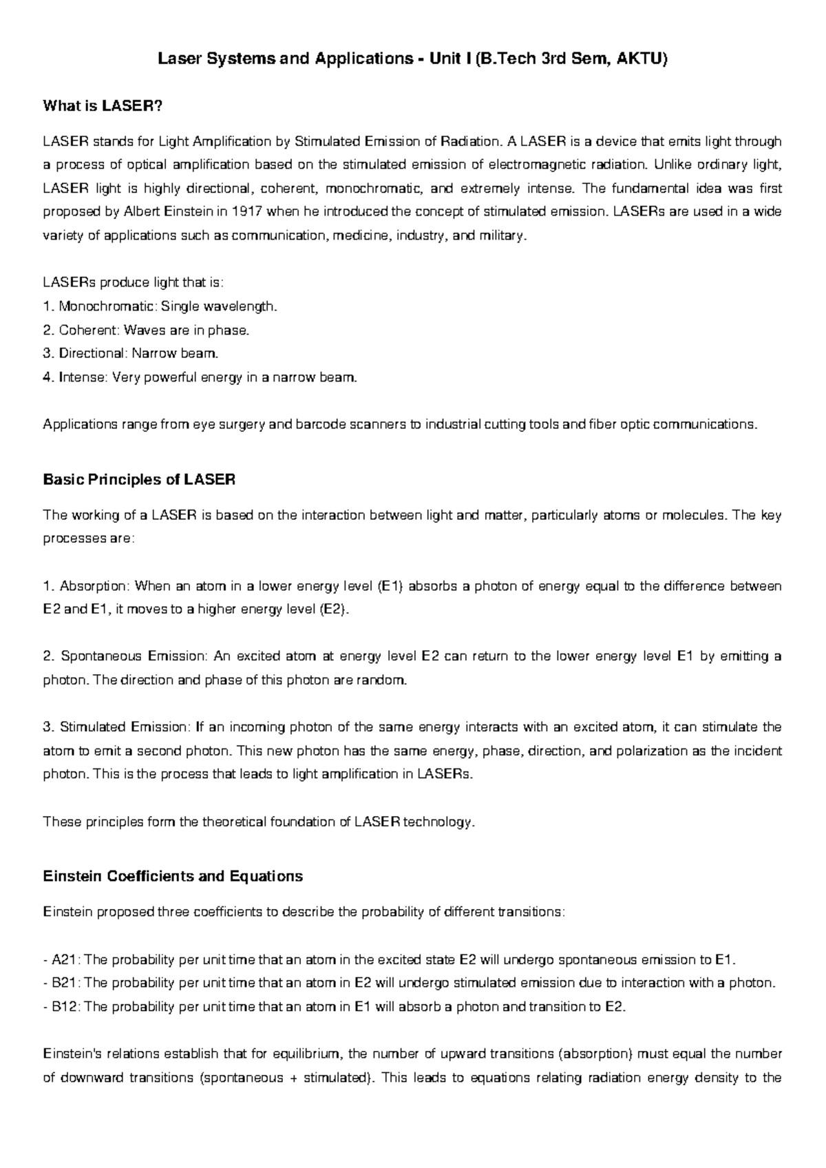 Laser Systems and Applications - Unit I Notes (B.Tech 3rd Sem, AKTU ...