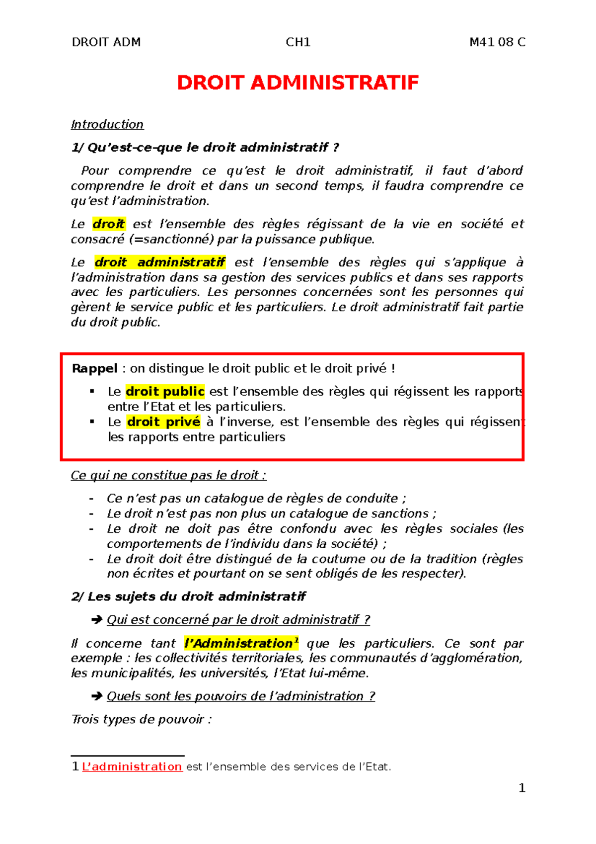 Chapitre 1 - Introduction au Droit Administratif et Administration ...