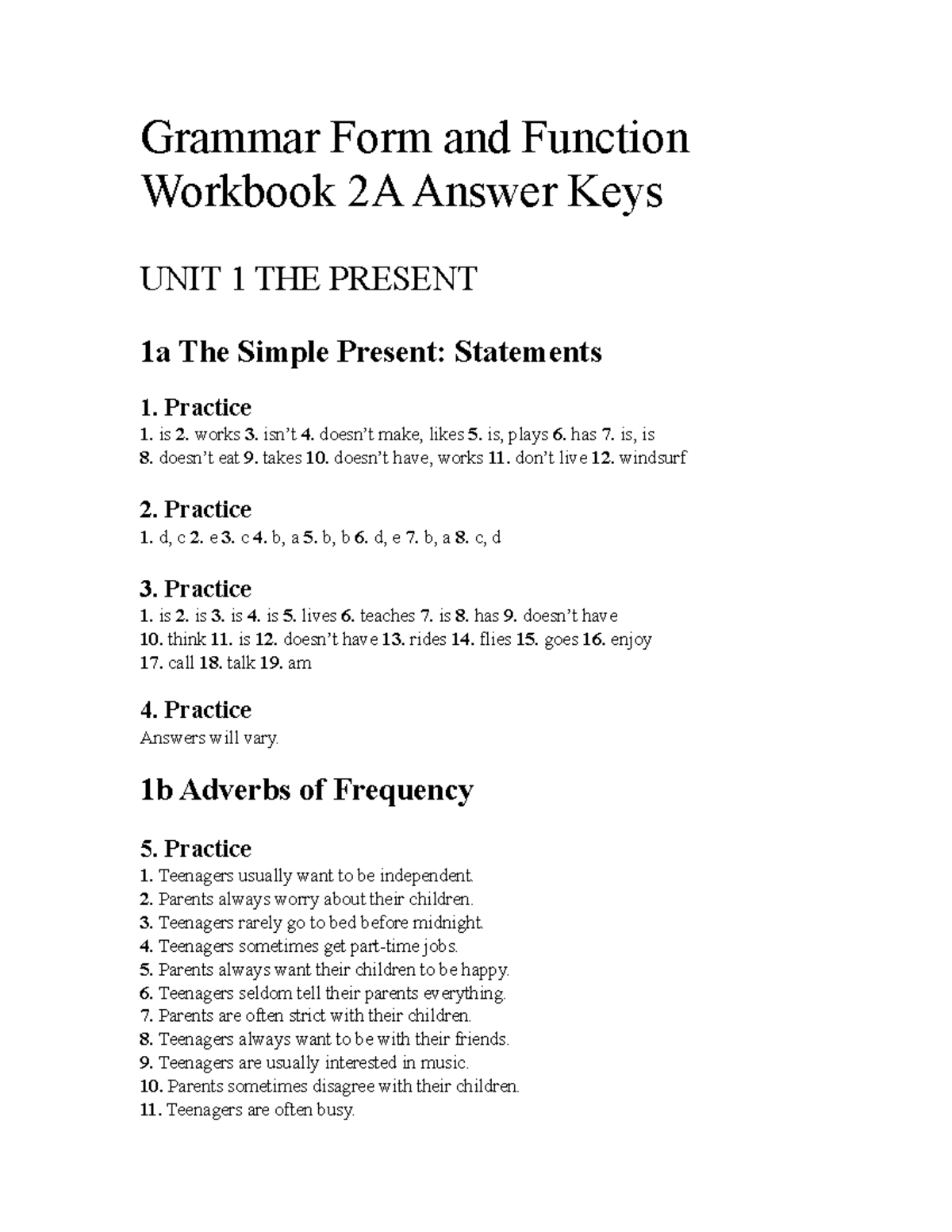Grammar Form and Function 2A Workbook Answer Keys - Studocu