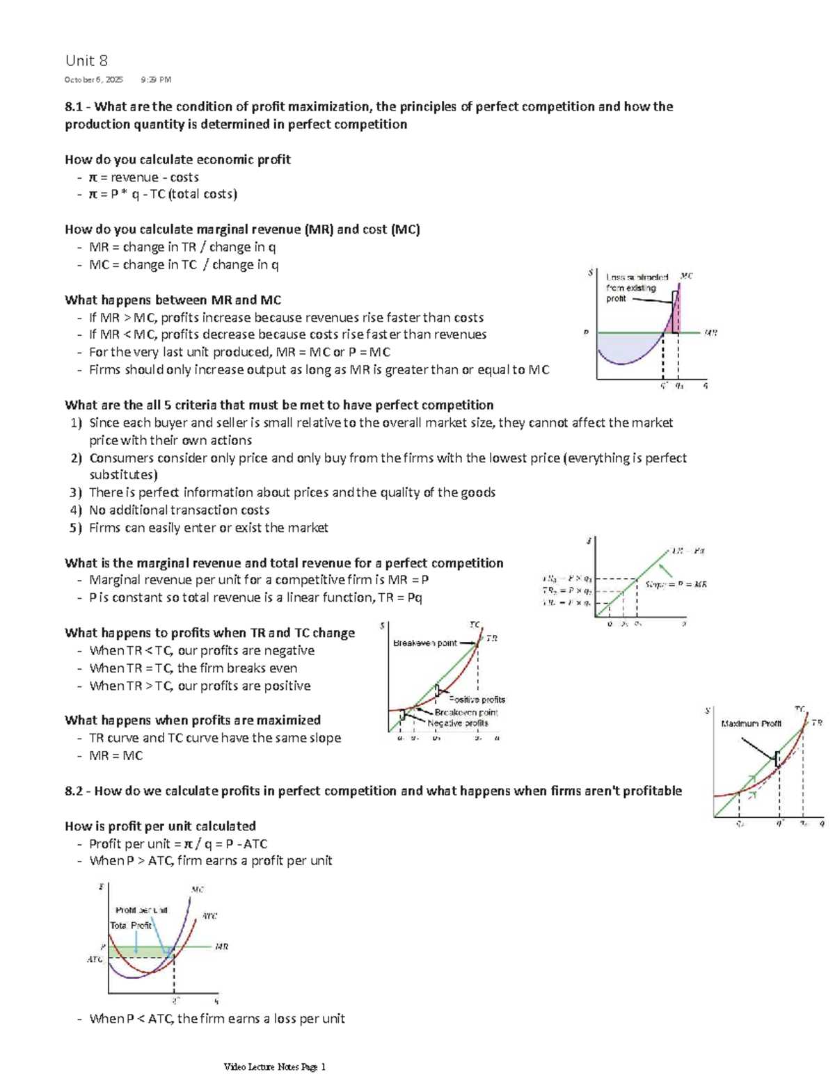 Econ 101 Unit 8 - Profit Maximization & Perfect Competition Summary ...