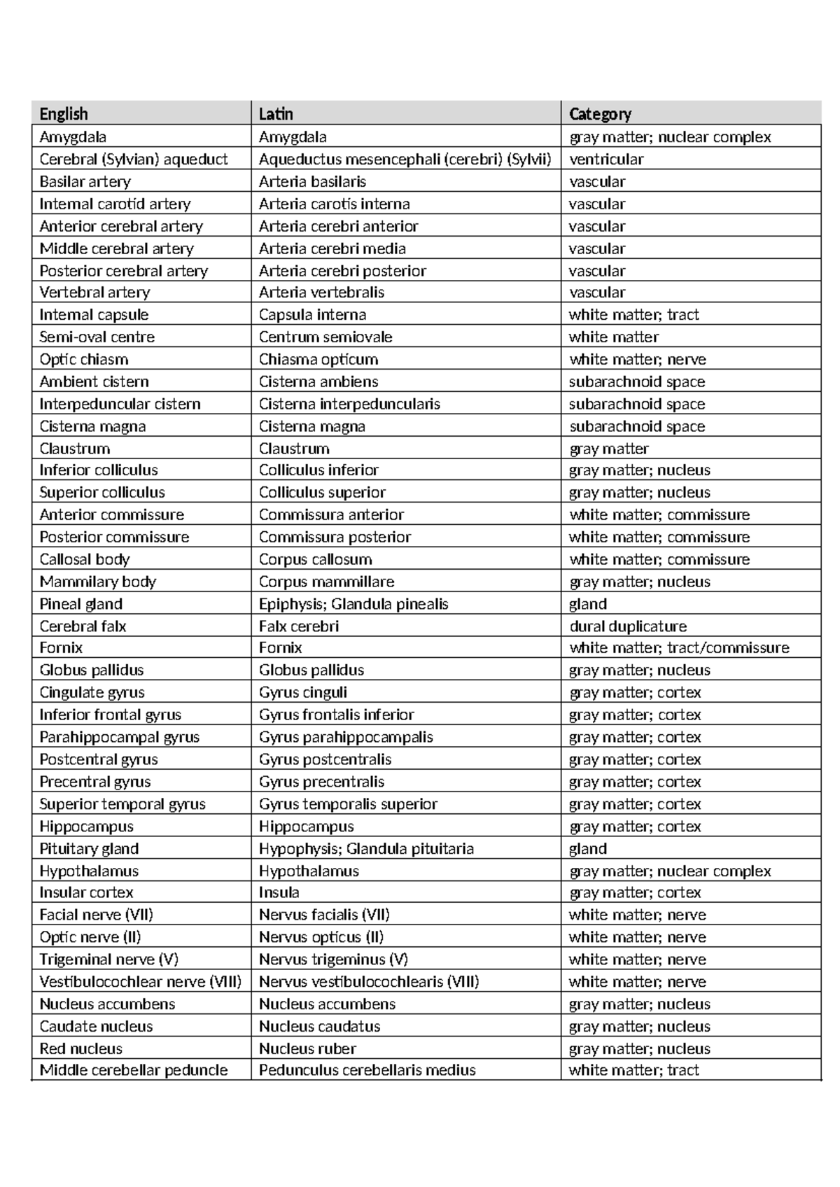 Anatomy List: Key Structures in English and Latin (He A) - Studeersnel