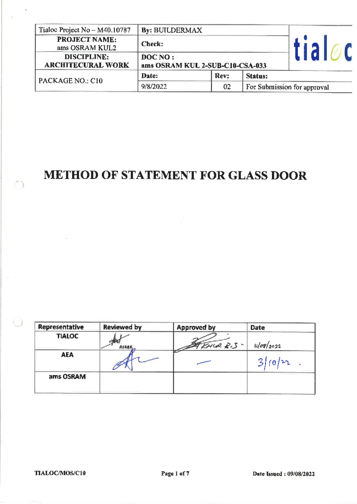 Method Statement for Glass Door Installation - Tialoc Project M40 - Studocu