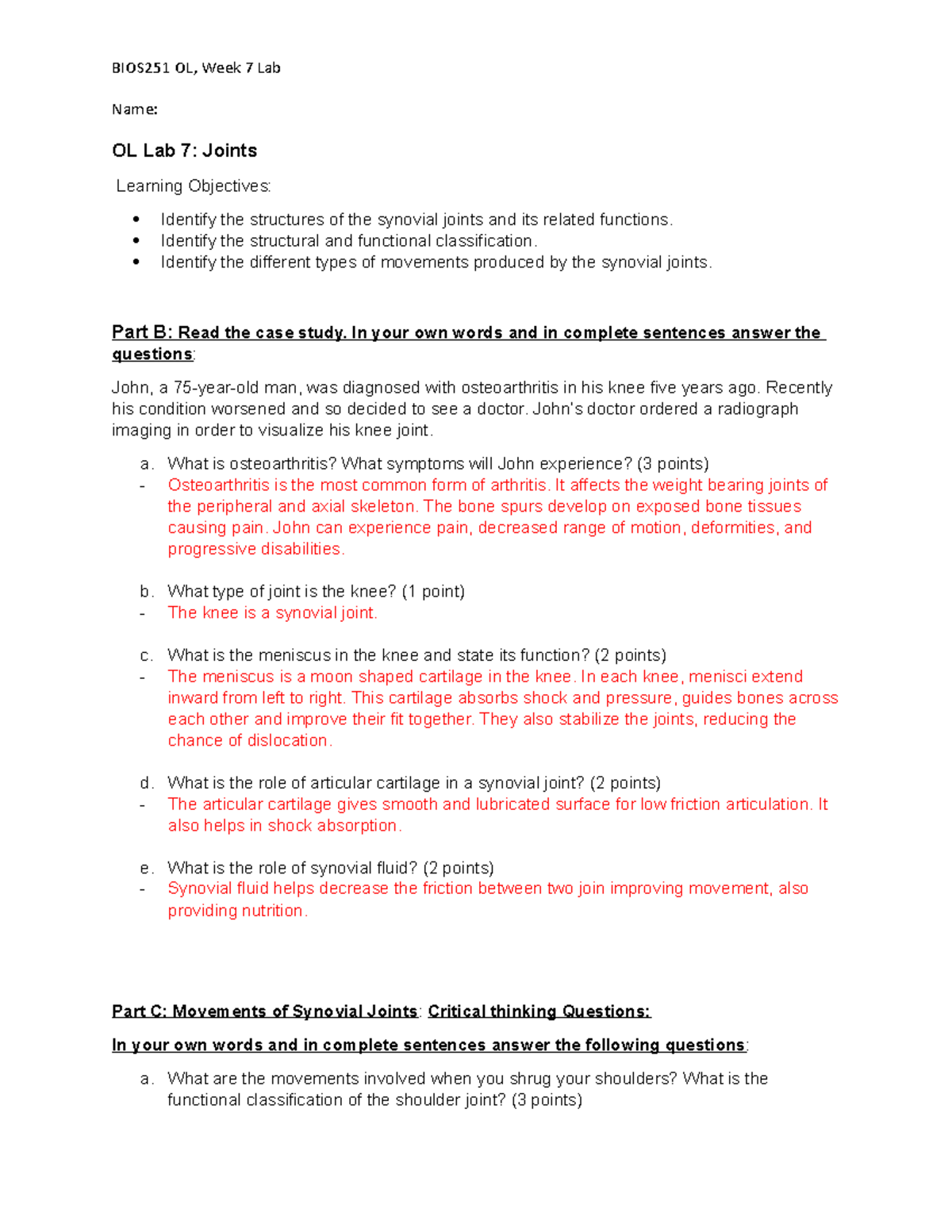 BIOS251 OL - Week 7 Lab: Synovial Joints and Movement Analysis - Studocu