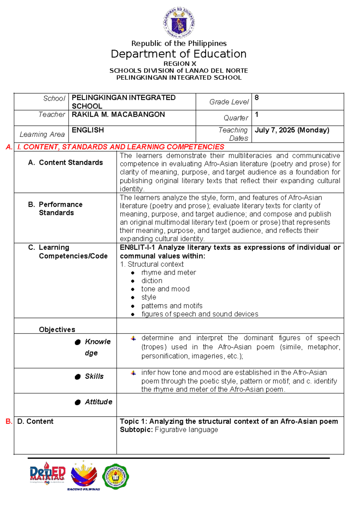 Grade 8 English Lesson Plan: Analyzing Poetry & Figurative Language ...