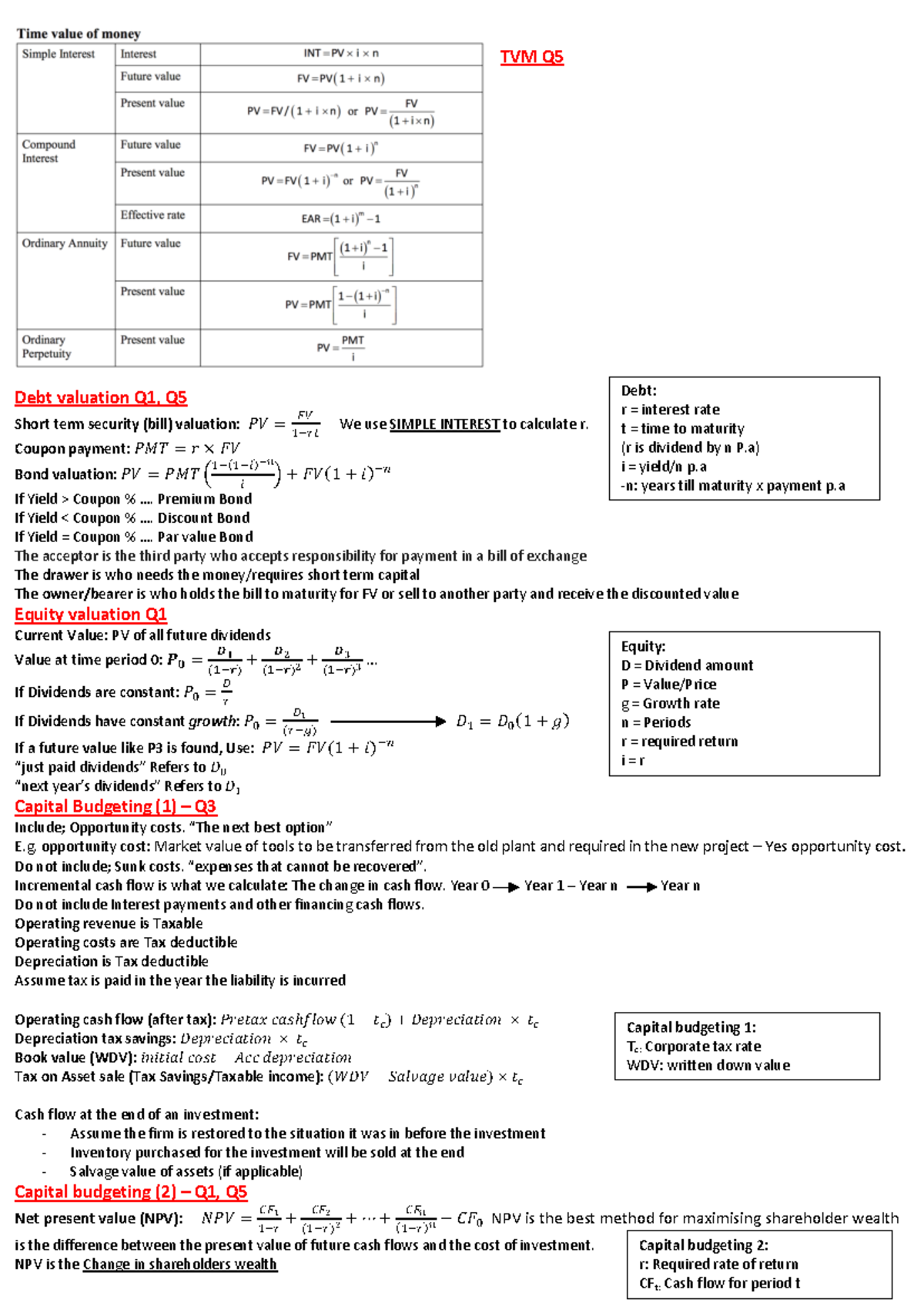 Finance Formula sheet - TVM Q Debt valuation Q1, Q Short term security ...