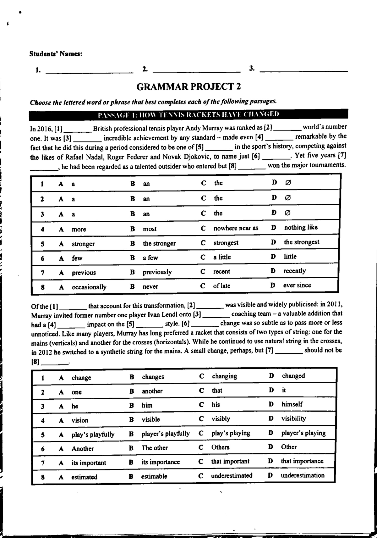 Grammar Project 1: Completing Passages and Sentence Structure - Studocu