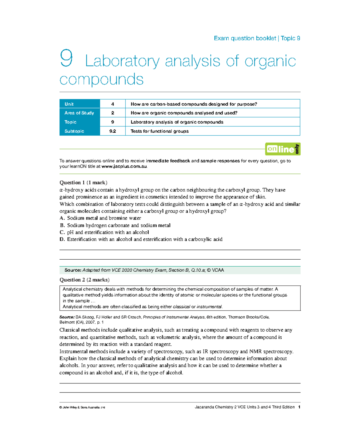 Chemistry Exam Questions: VCE Units 3 & 4 - Topic 9 Lab Analysis - Studocu