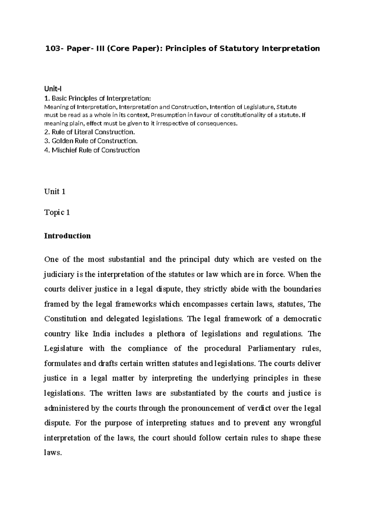 Unit 1: Principles of Statutory Interpretation - 103 Paper III - Studocu