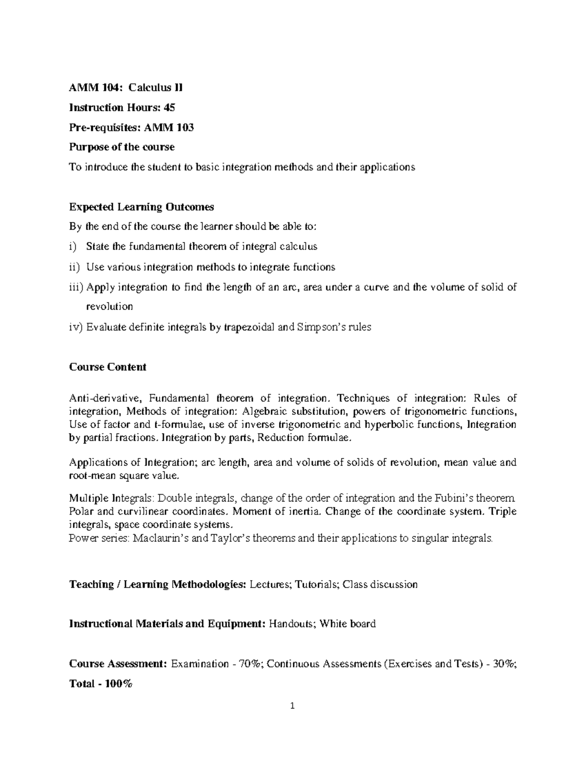Calculus II Notes: Integration Techniques and Applications (AMM 104 ...