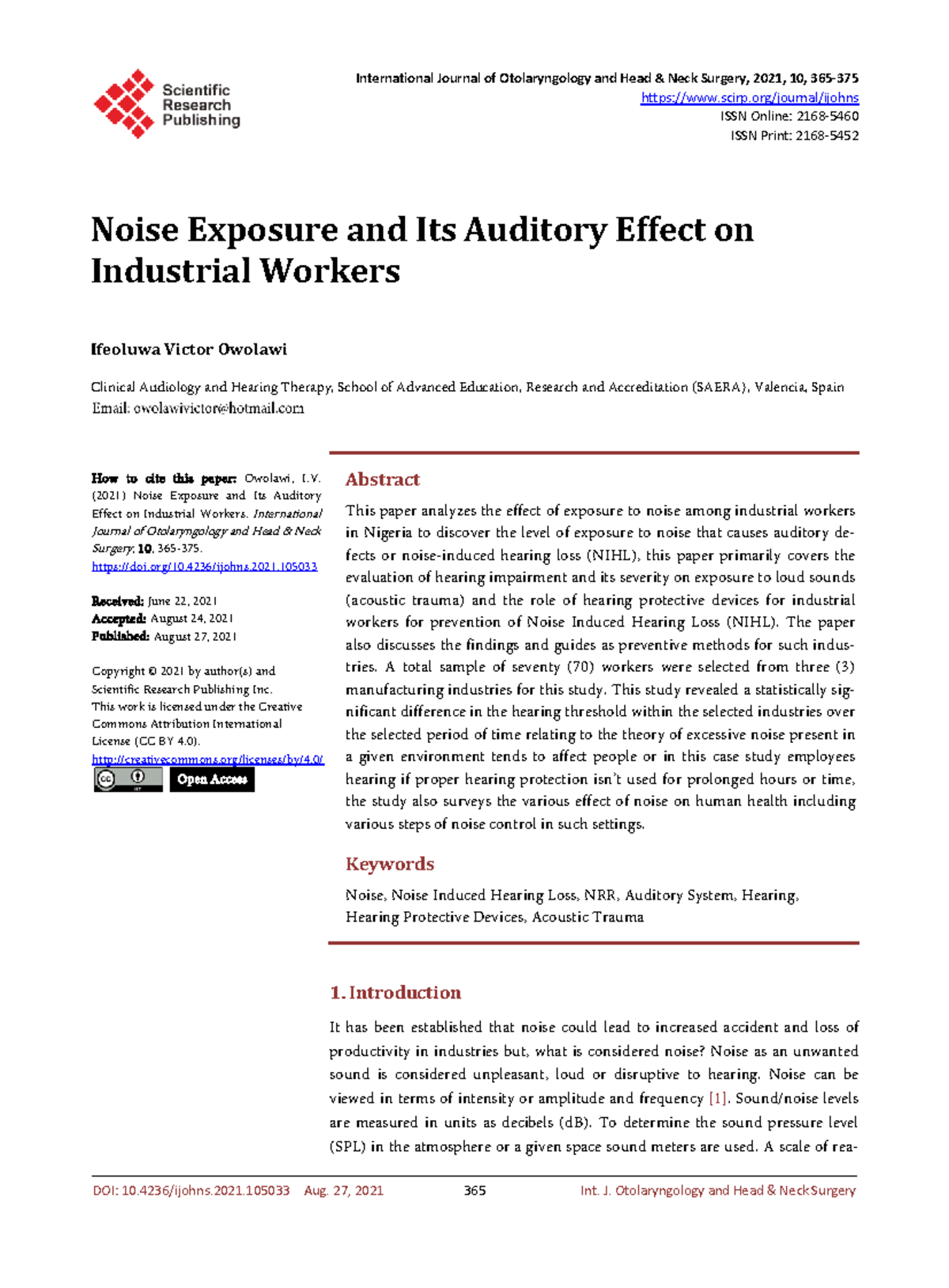 Noise Exposure and Auditory Effects on Industrial Workers (IJO 2021 ...