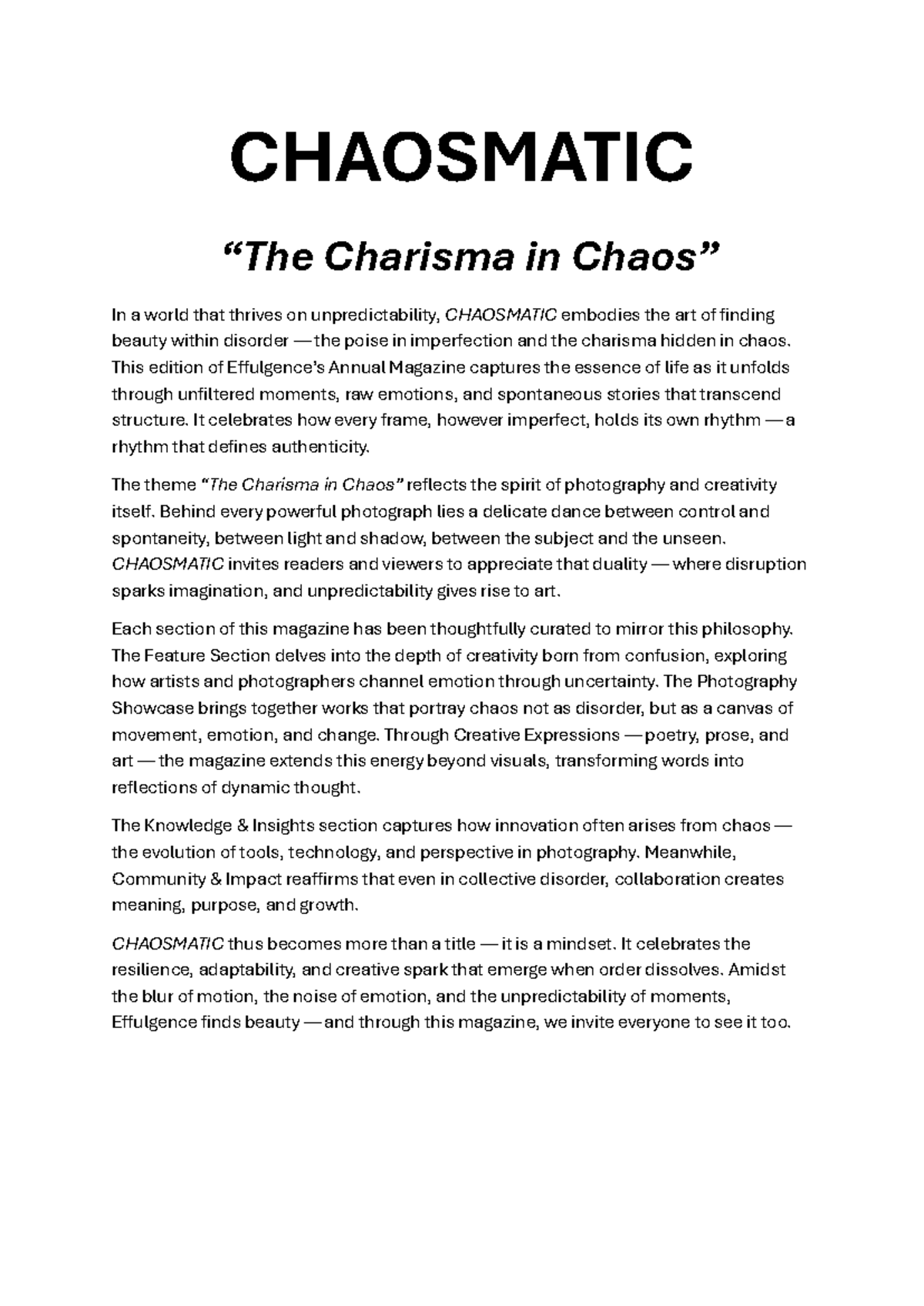 CHAOSMATIC: Embracing Charisma in Unpredictable Artistry - Studocu