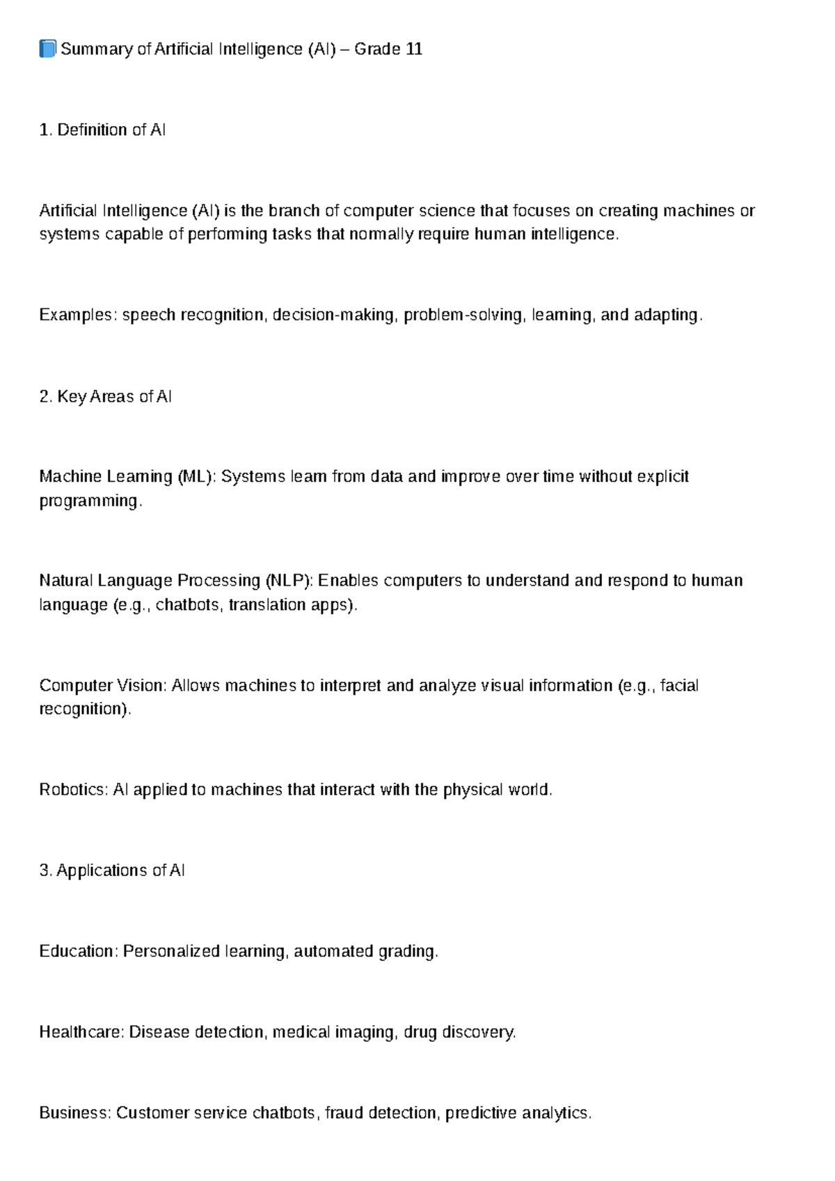 AI Grade 11: Summary of Artificial Intelligence Concepts and ...