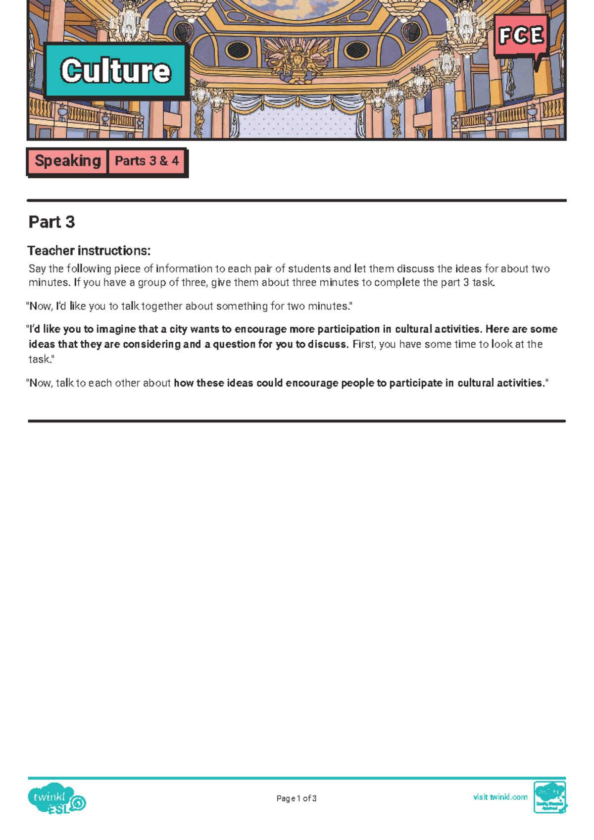 FCE ESL B2 Speaking Parts 3 & 4: Culture Discussion Guide - Studocu