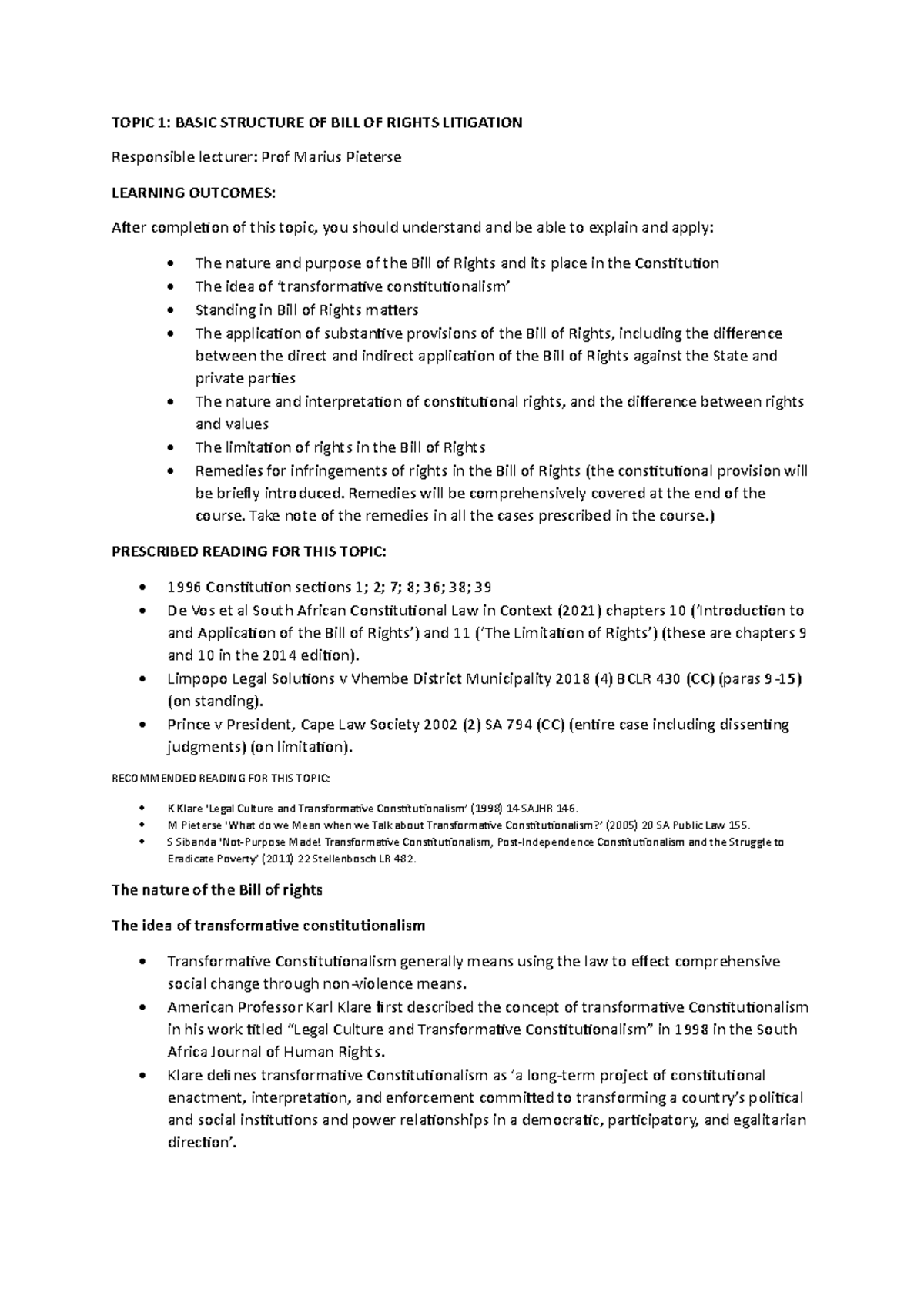 BOR CON LAW Final Exam Topic 1: Bill of Rights Litigation Basics - Studocu