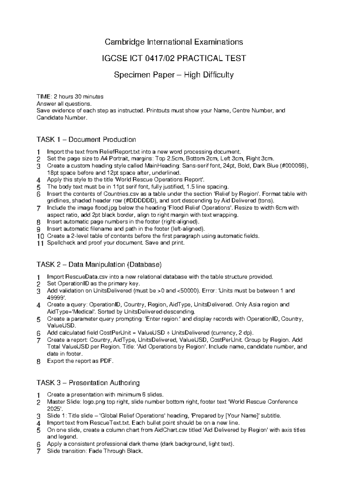 IGCSE ICT Practical Test Paper 2: High Difficulty Specimen Guide - Studocu