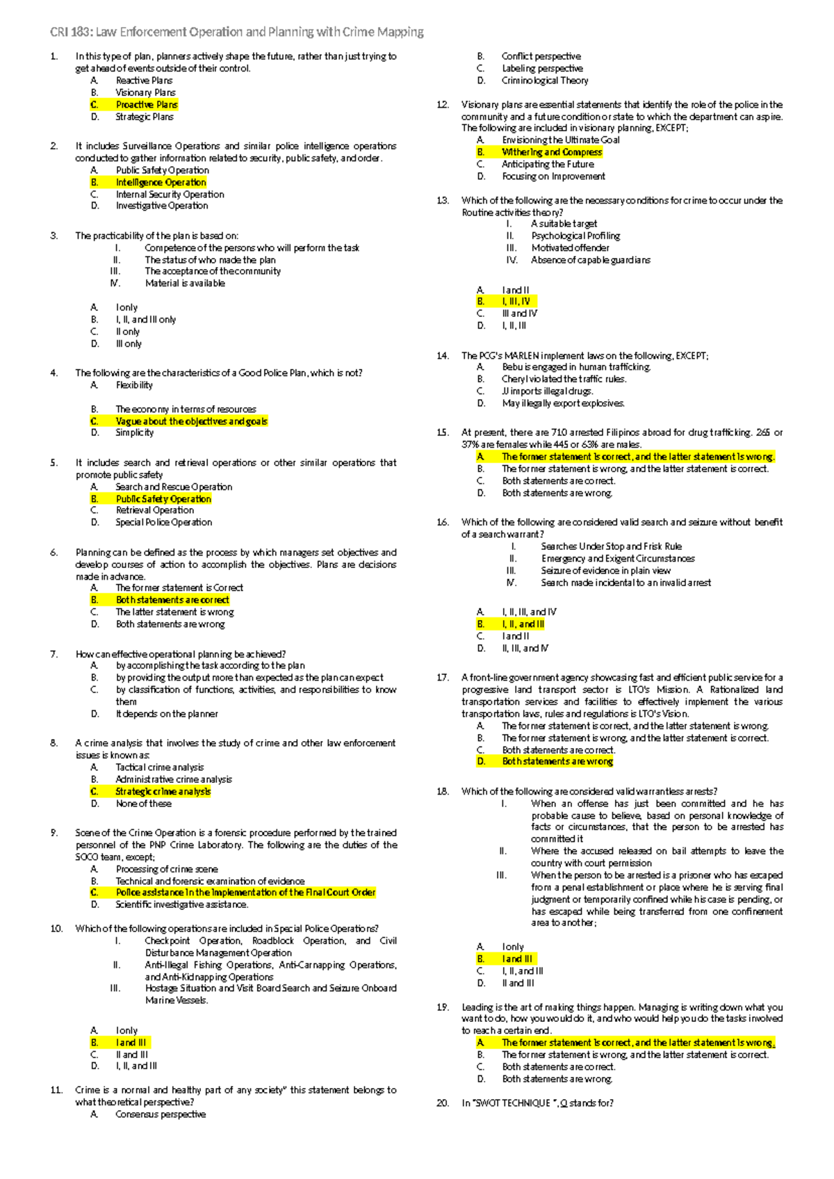 CRI 183 Final Exam Notes on Law Enforcement Operations and Planning ...